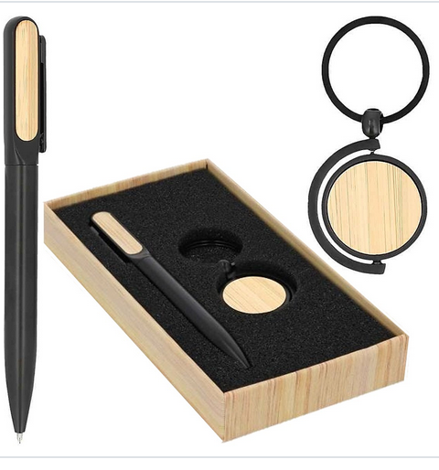 Set Ejecutivo Con Llavero Y Bolígrafo De Metal Y Bambú En Estuch