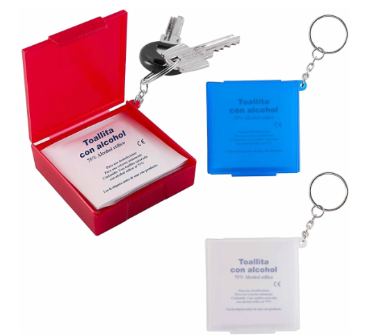 ESTUCHE PLÁSTICO CON 10 TOALLITAS DE ALCOHOL AL 75%, Y LLAVERO.